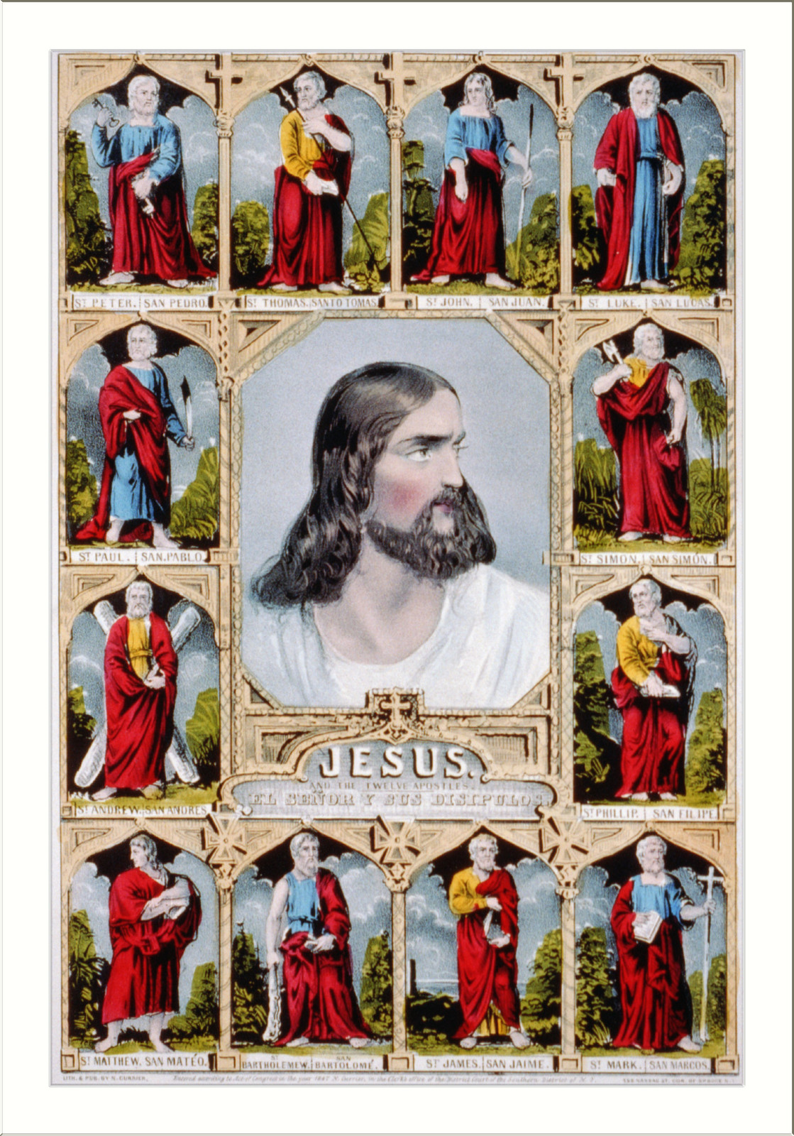 Jesus: and the twelve apostles / El Señor y sus disipulos, New York : Published by N. Currier, c1847. — antique lithograph