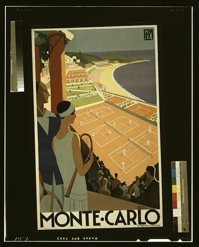 Monte-Carlo travel poster with tennis players and bay