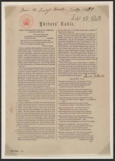 Editors' Table: Thanksgiving Proclamation Page, Godey's Lady's Book, 1863