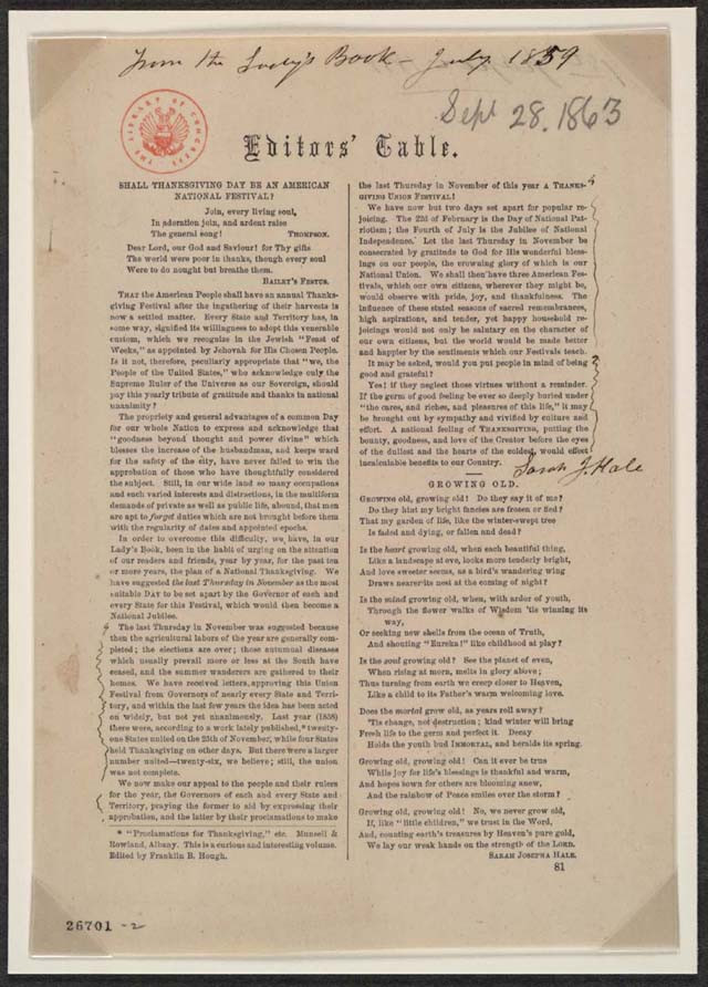 Editors' Table: Thanksgiving Proclamation Page, Godey's Lady's Book, 1863 — historic image