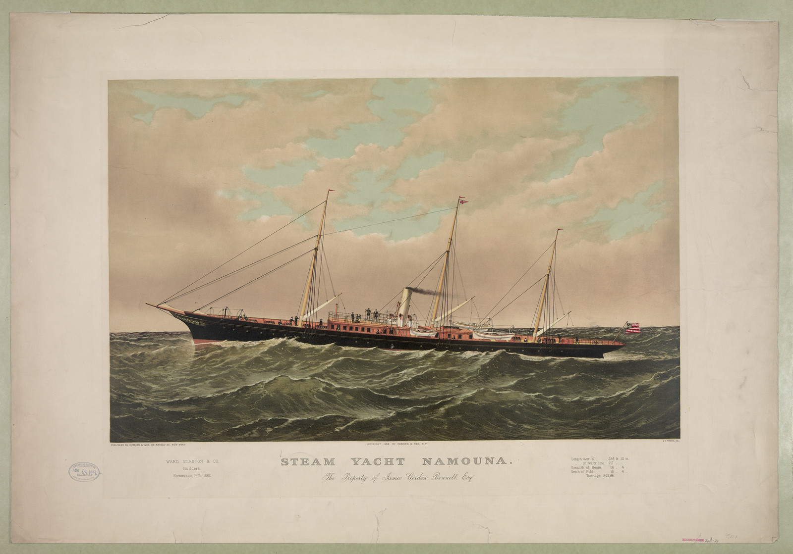 Steam yacht Namouna: the property of James Gordon Bennett, Esq., New York : Published by Currier & Ives, c1882. — historic image