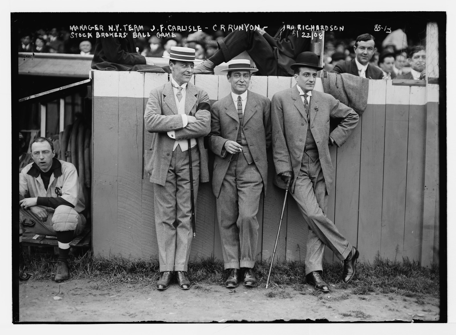 Stock Brokers Ball Game (N.Y. - Boston), Manager N.Y. team J.F. Carlisle, also C.R. Runyon, and Ira Richardson, 5/22/08. — historic photograph