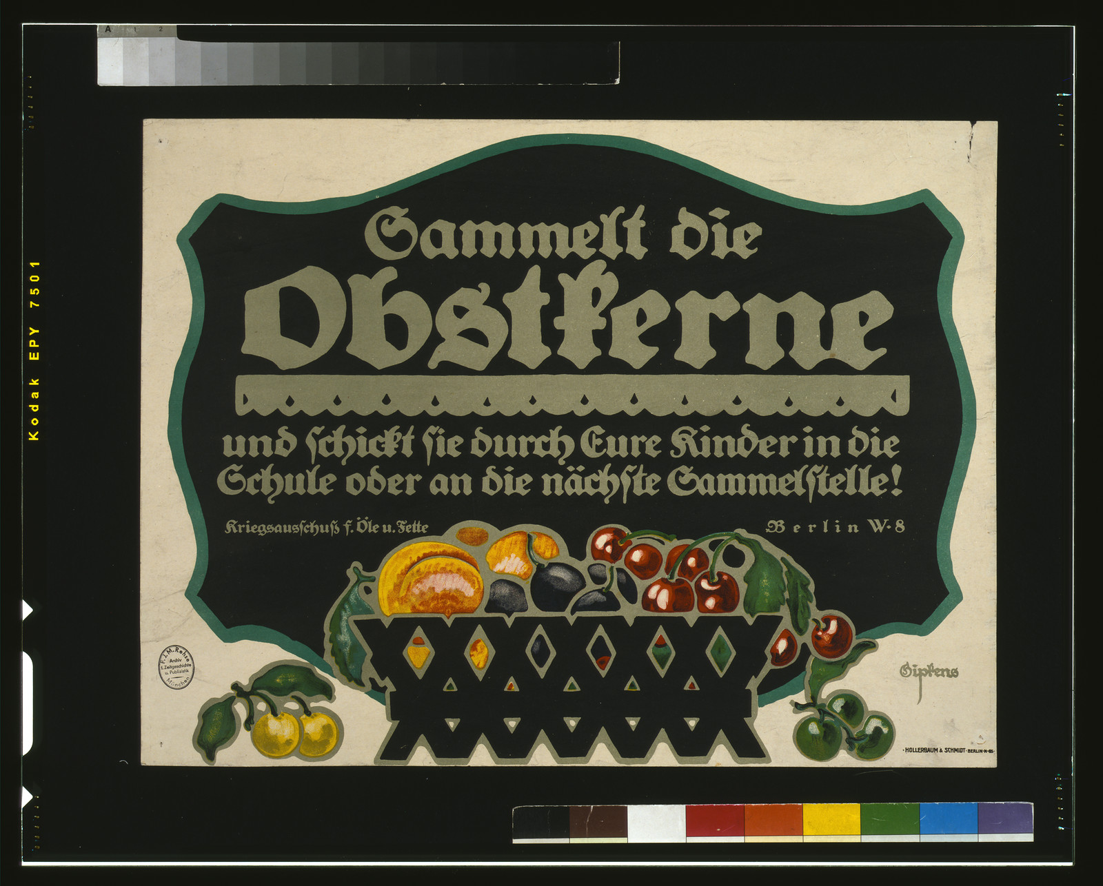 Sammelt die Obstkerne, WWI fruit stone collection poster, 1917 — vintage poster