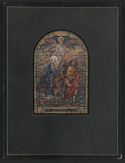 Design drawing for stained glass window, Flight into Egypt