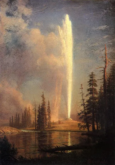 Old Faithful Geyser Erupting Above Forest and River
