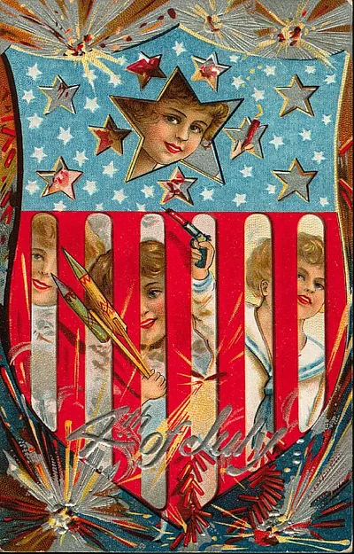 Patriotic Fourth of July postcard with children and fireworks