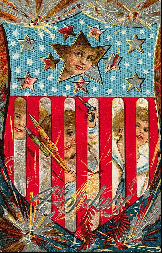 Patriotic Fourth of July postcard with children and fireworks — vintage postcard