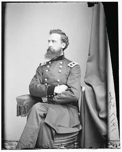 Seated bearded Union officer in studio portrait photograph