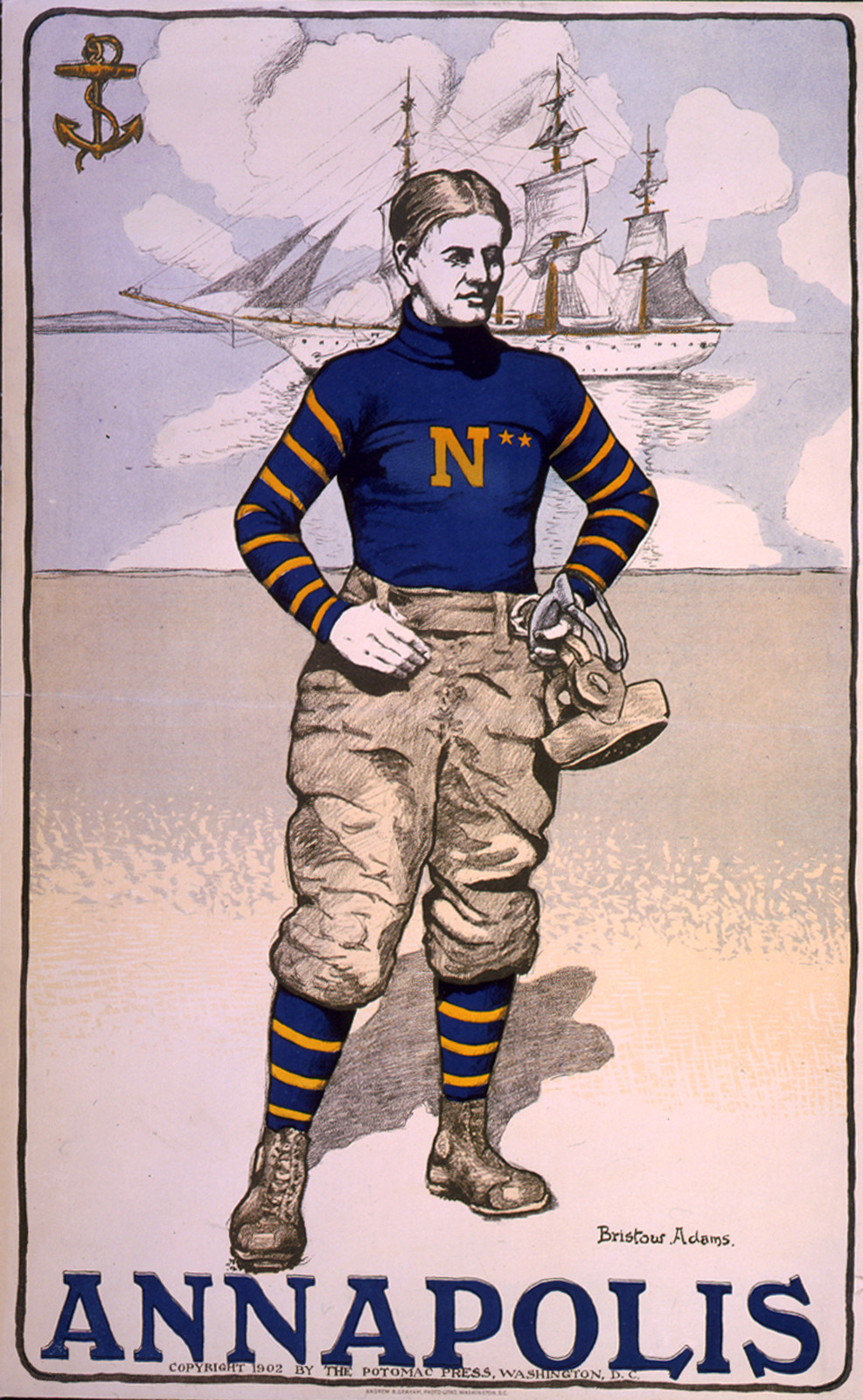 Annapolis poster, midshipman in sweater, ships behind, 1902, 1902 — vintage poster