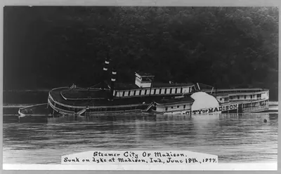 CITY OF MADISON [side-wheel riverboat] - sunk on dyke at Madison, Ind., June 18, 1894