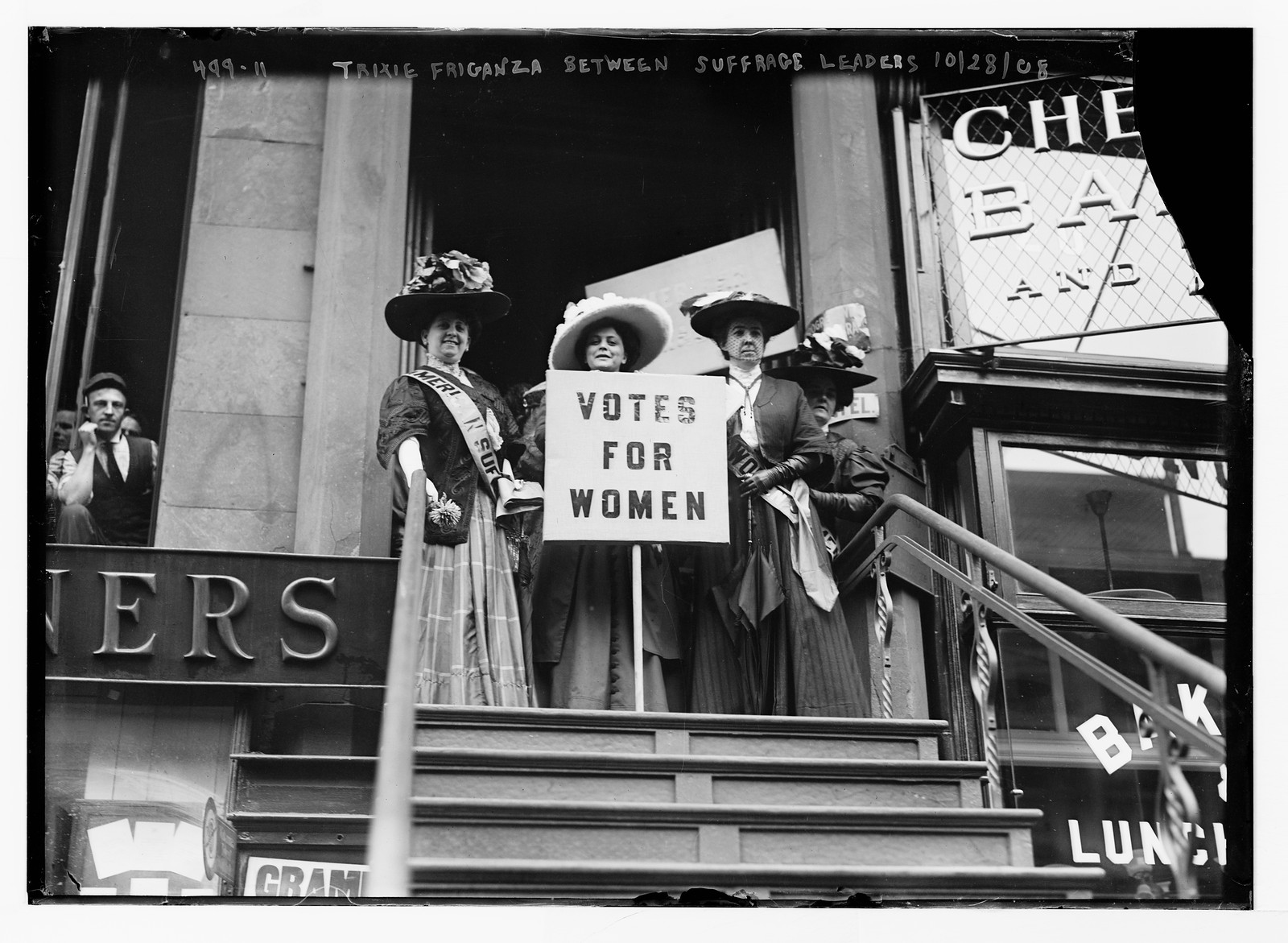 Trixie Friganza between other suffragettes on top of steps, New York, 10/28/08. — historic photograph