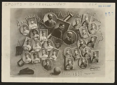 Baseball teams 1897 California tour composite photograph, Baltimore and All America