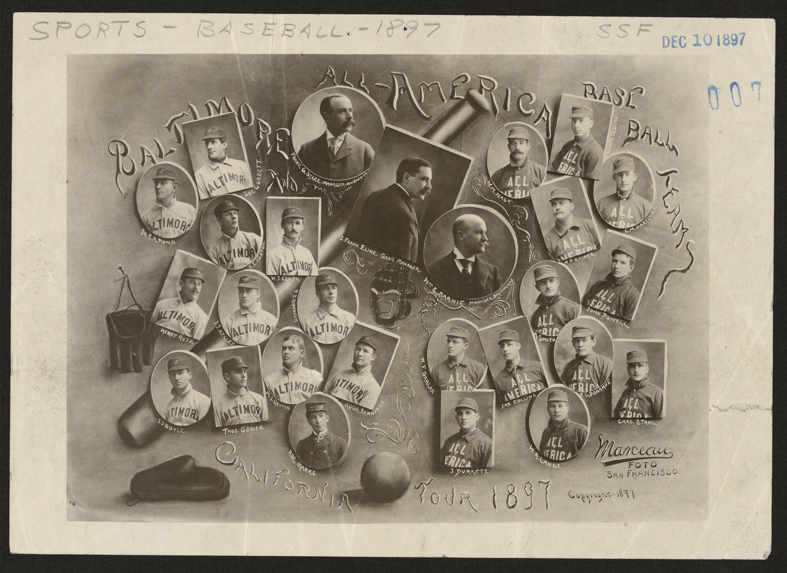 Baseball teams 1897 California tour composite photograph, Baltimore and All America — historic photograph