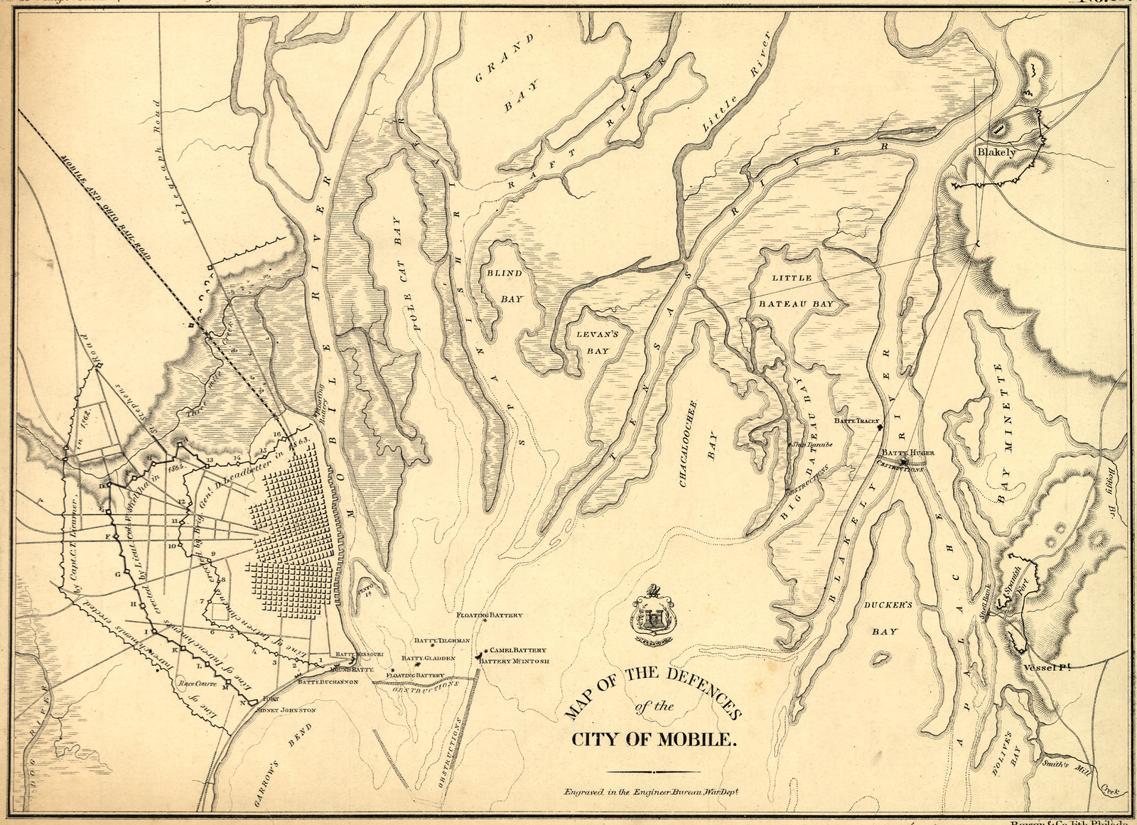 Map of the defences of the city of Mobile 1862 64, Alabama — antique map