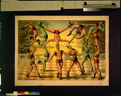 [Thirteen men doing acrobatics]