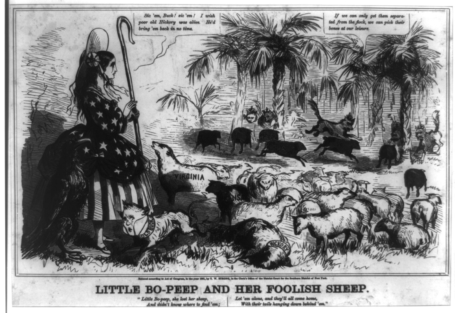 Strong's dime caricatures. No. 2, Little Bo-Peep and her foolish sheep, N.Y. : Published by Thomas W. Strong, 1861. — antique engraving