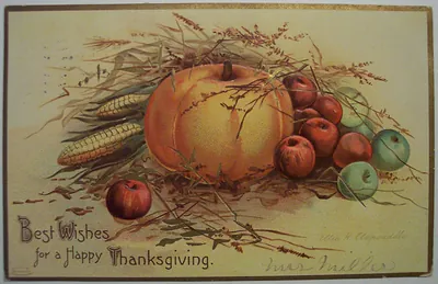 Best Wishes for a Happy Thanksgiving postcard with pumpkin and apples