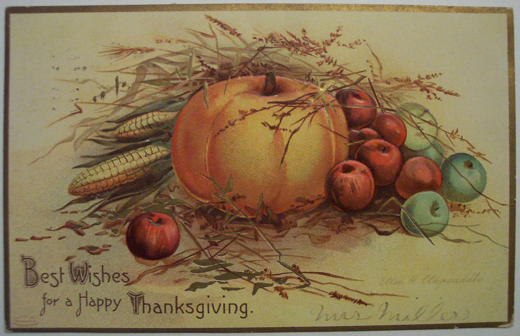 Best Wishes for a Happy Thanksgiving postcard with pumpkin and apples — vintage postcard