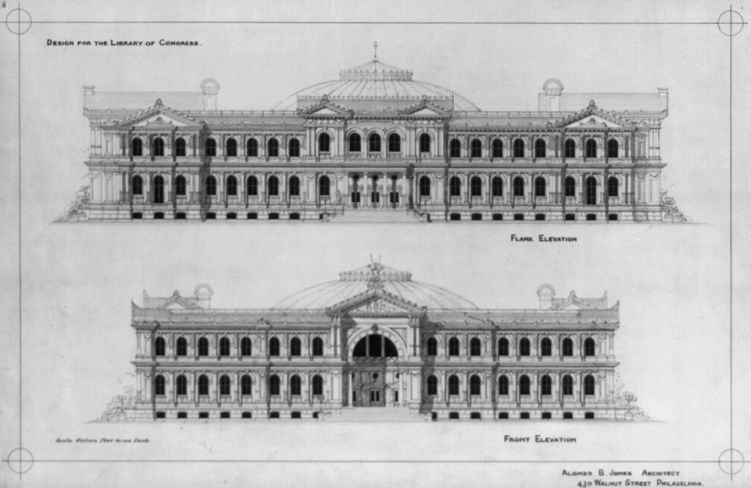 [Library of Congress, Washington, D.C. Front and flank elevations], and Engineering (ADE) Drawings" (http://www.loc.gov/rr/print/res/103_ade.html)." — historic drawing