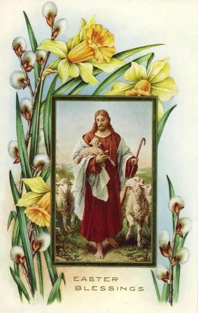 Easter Blessings greeting card with Good Shepherd and daffodils