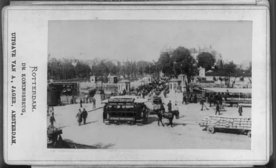 [Street scenes in Rotterdam, The Netherlands, ca. 189-: De Koningsbrug horse-drawn trolley in foreground - castle in background]