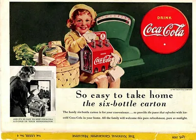 Coca-Cola advertisement with child and six-bottle carton