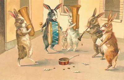 Rabbits playing musical instruments in a street band