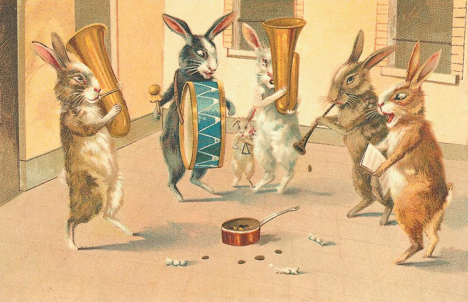 Rabbits playing musical instruments in a street band — historic image