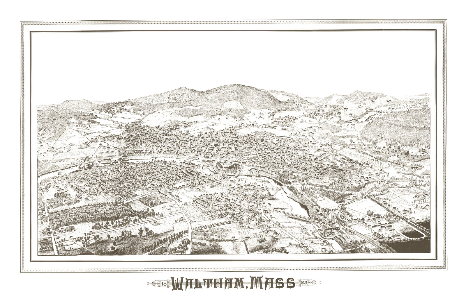 Waltham, Mass. bird's-eye view — historic image