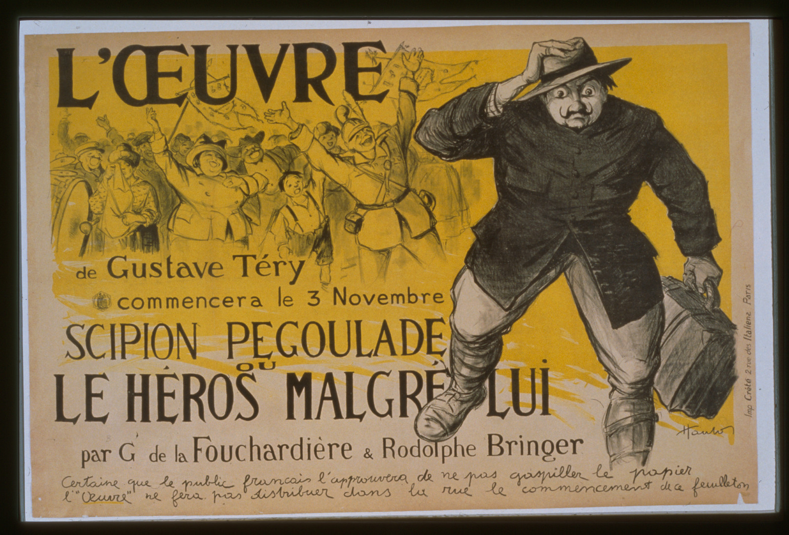 LOeuvre de Gustave Teacutery commencera le 3 novembre. Scipion Pegoulade ou Le Heacuteros malgreacute lui par G. de la Fouchardiegravere et Rodolphe Bringer, 1918 — vintage poster