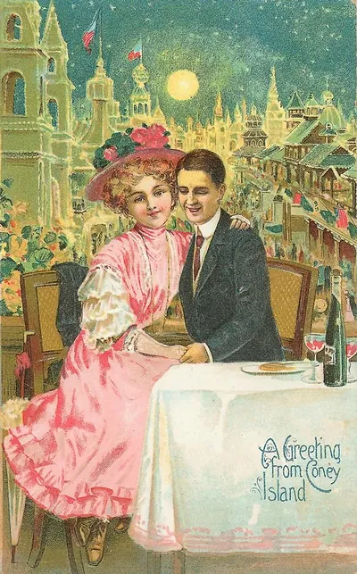 Couple dining at night, "A Greeting from Coney Island" postcard