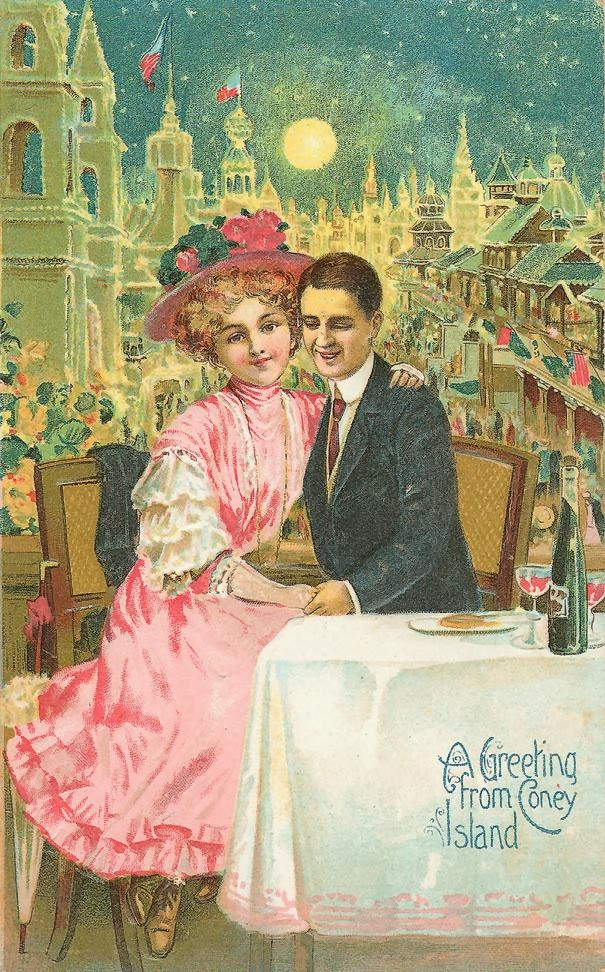 Couple dining at night, "A Greeting from Coney Island" postcard — vintage postcard