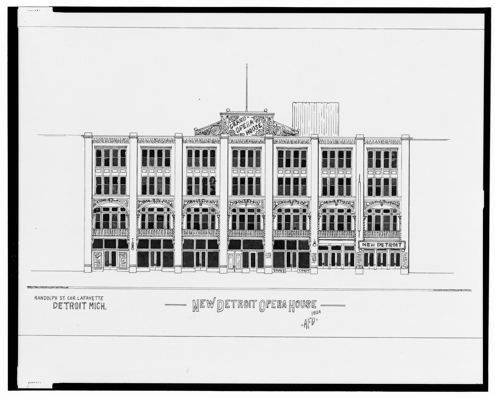 [New Detroit Opera House (Grand Opera House), Randolph St. corner of Lafayette Boulevard, Detroit, Michigan] / AFD 1924., And Engineering (ADE) Drawings — vintage poster