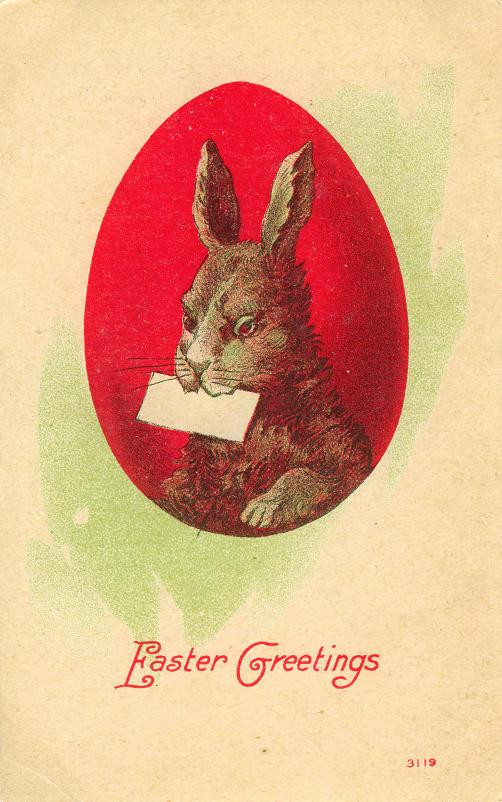 Easter Greetings postcard with rabbit in red egg — vintage postcard