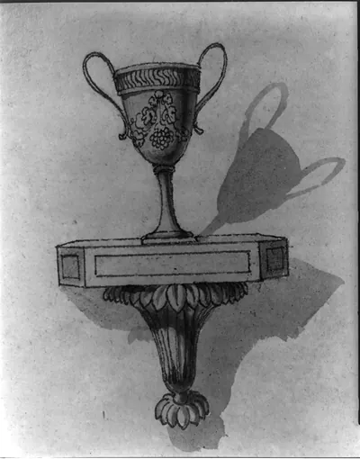 Ink and wash drawing of a goblet on pedestal bracket