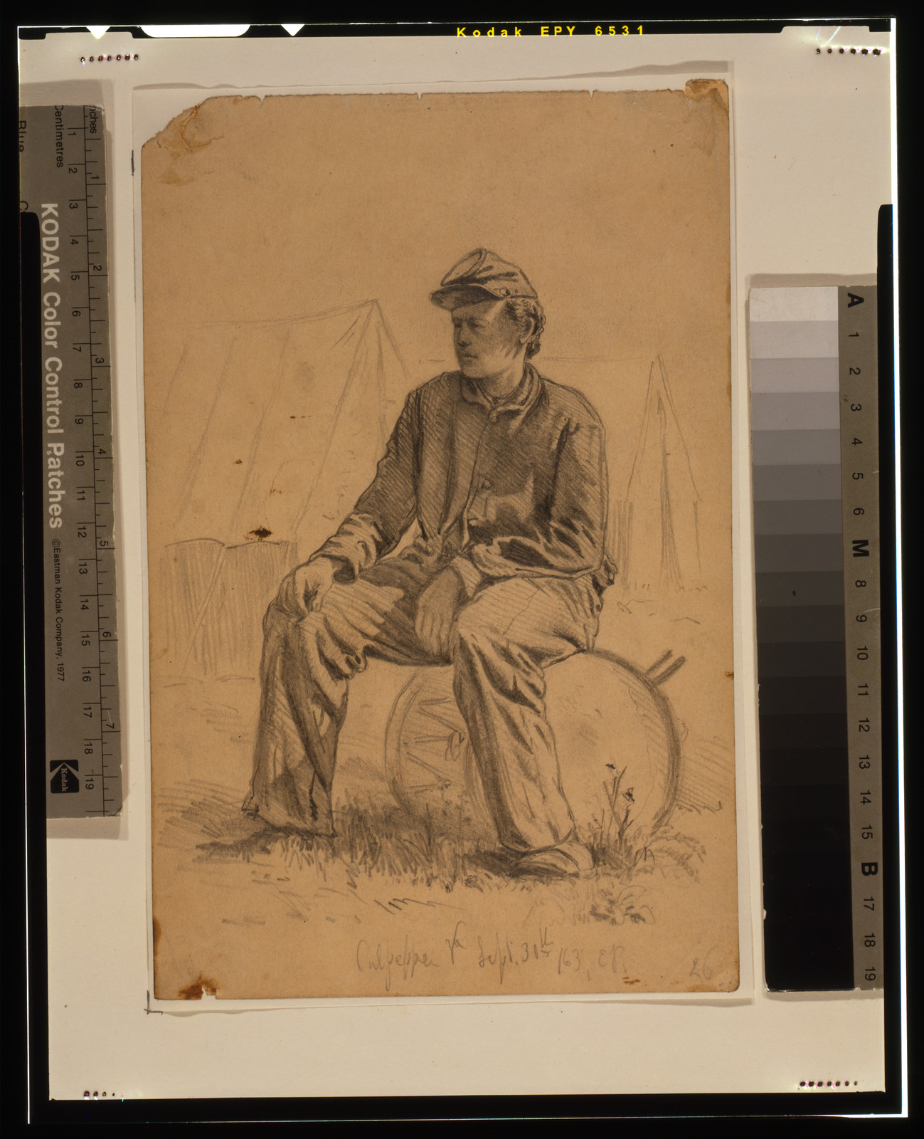 [Drummer boy, taking a rest, Culpeper, Va.] / EF., [18]63 Sept. 30. — historic drawing