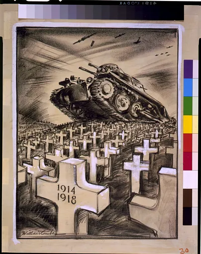 Tank above war graves inscribed 1914 1918, charcoal drawing