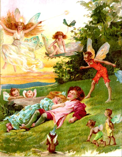 Fairies sleeping on a hillside with winged sprites and a fairy queen