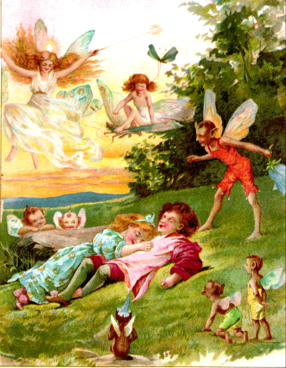 Fairies sleeping on a hillside with winged sprites and a fairy queen — historic image