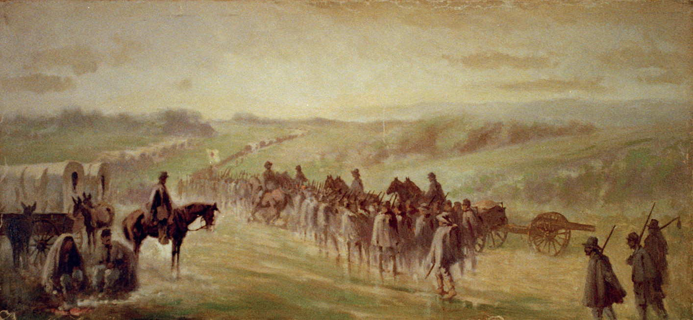 Pursuit of Lee's army. Scene on the road near Emmitsburg - marching through the rain / Edwin Forbes., 1862 [i.e., 1863] July 7. — historic image