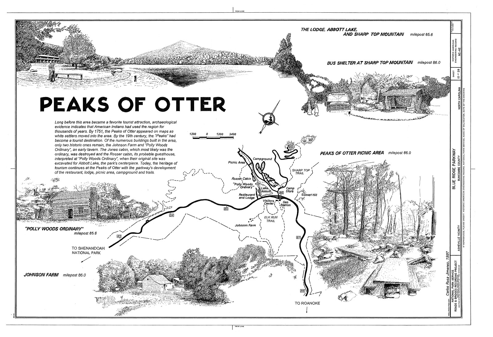 Peaks of Otter map and sketches, Blue Ridge Parkway — antique map