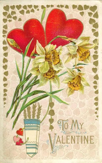To My Valentine greeting card with daffodils and hearts