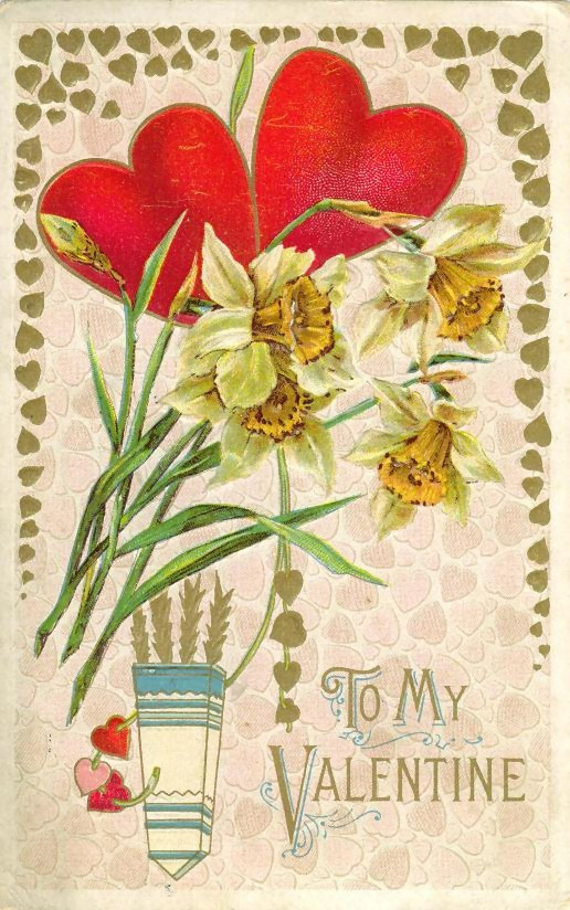 To My Valentine greeting card with daffodils and hearts — historic image