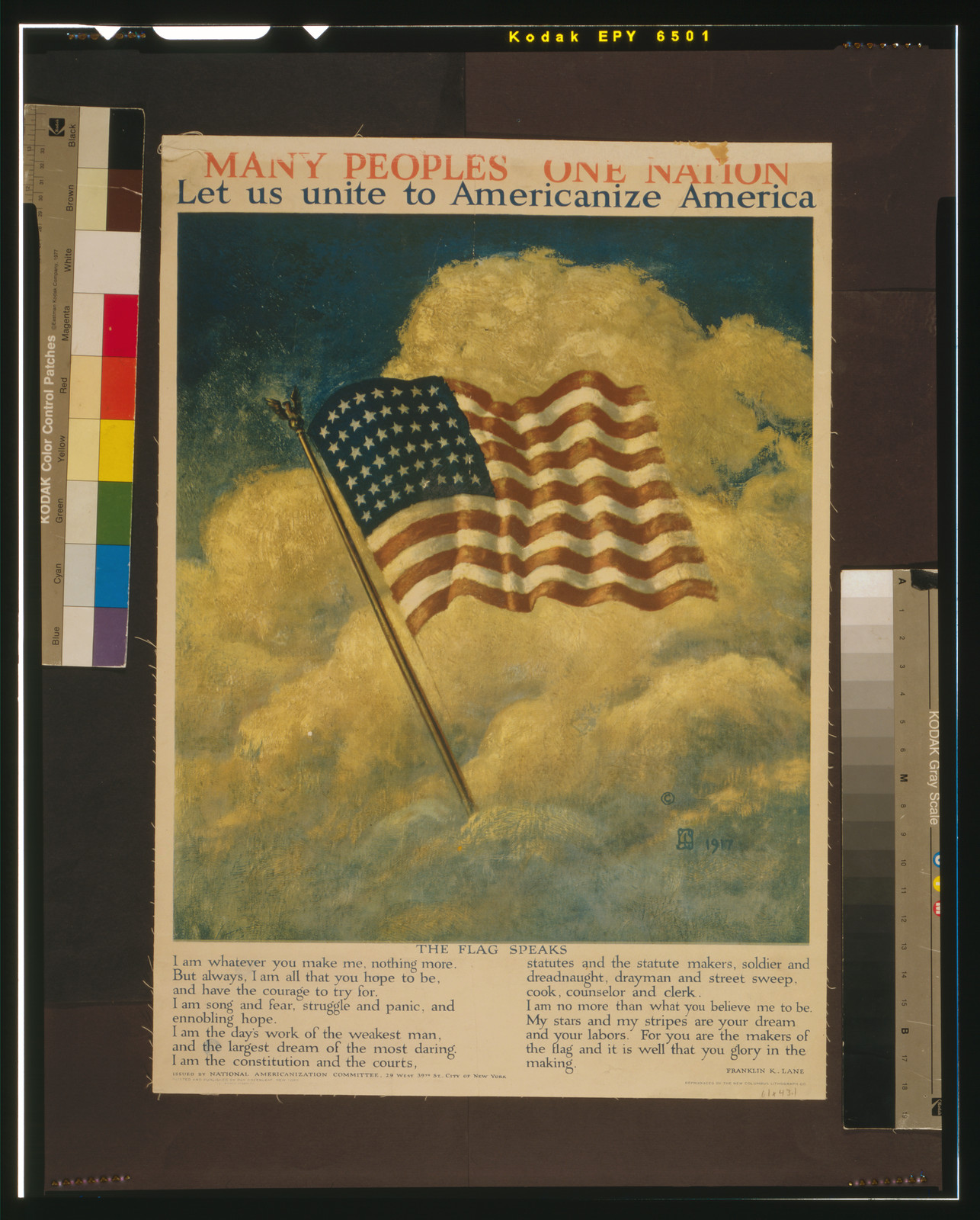 Many peoples - one nation. Let us unite to Americanize America., New York : Printed and published by Ray Greenleaf, 1917. — vintage poster