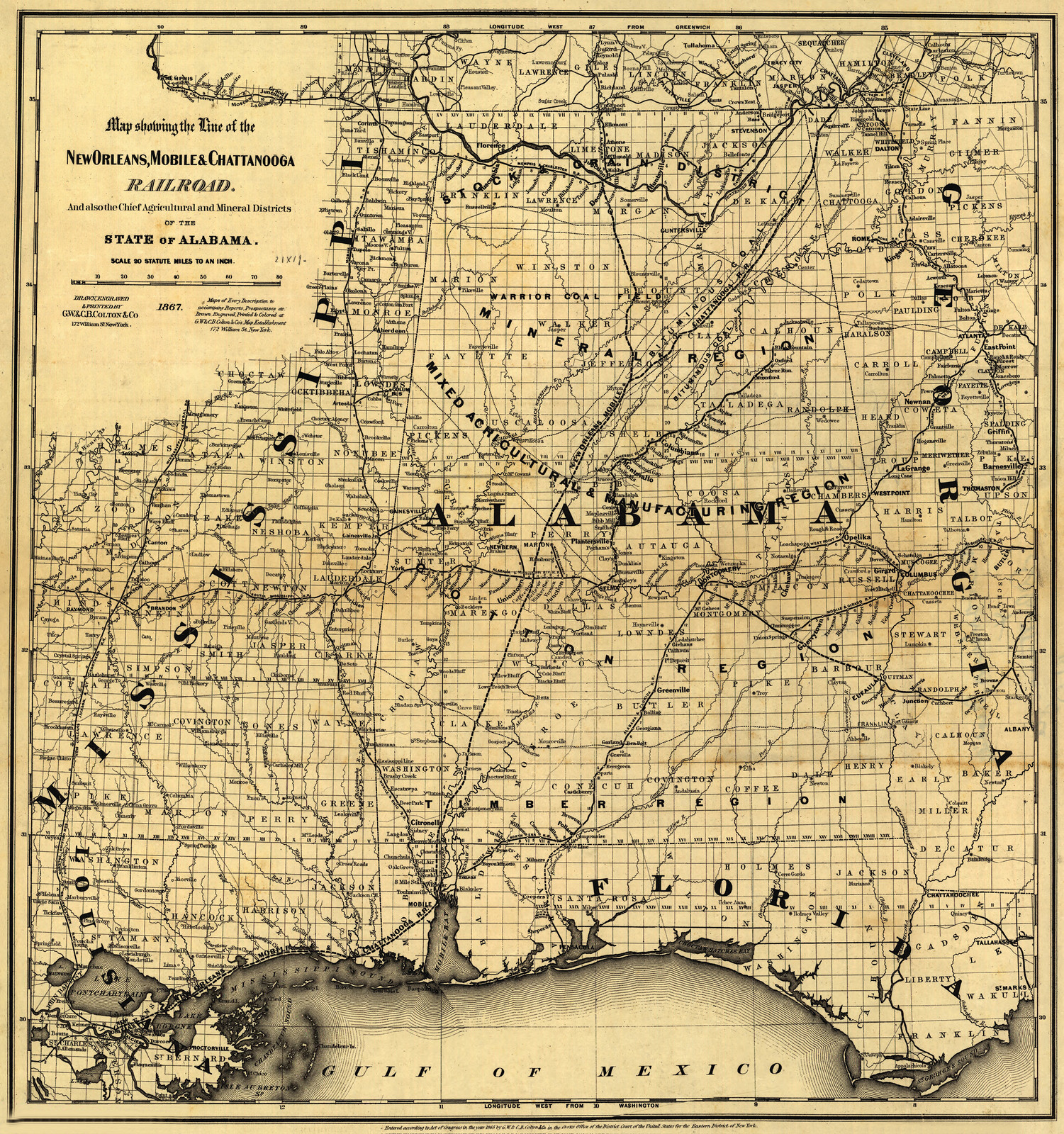 Map showing the line of the New Orleans Mobile and Chattanooga Railroad and also the chief agricultural and mineral districts of the state of Alabama, 1867 — antique map