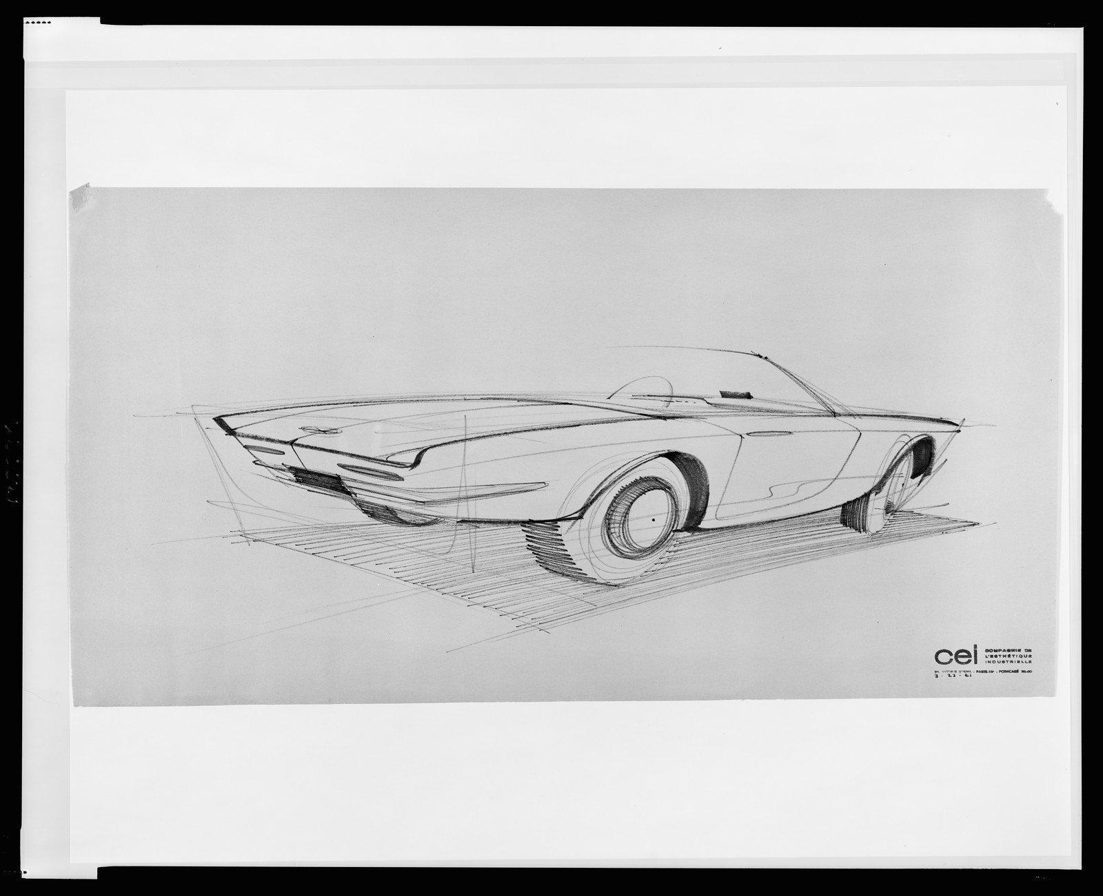 [Design drawing for Avanti automobile, rear view from passenger's side], [19]61. — historic drawing
