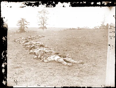 Antietam Md. Bodies of Confederate dead gathered for burial
