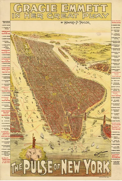 The Pulse of New York, 1891 pictorial map of Manhattan
