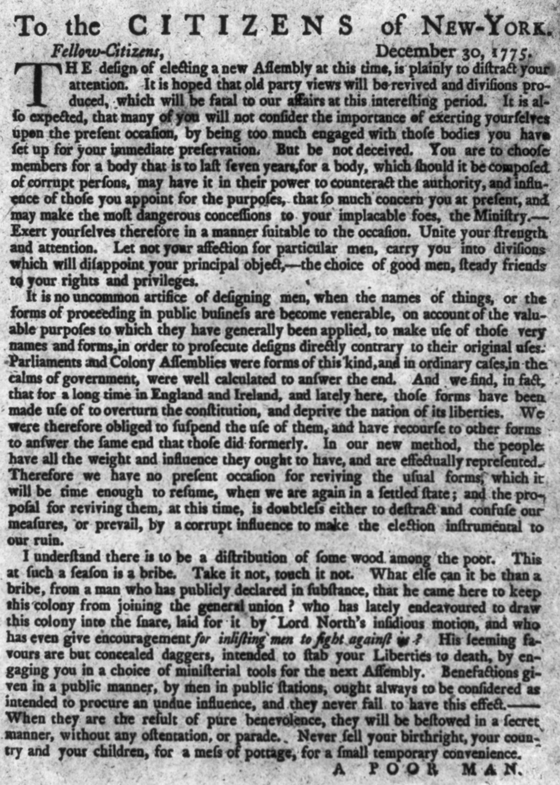 To the citizens of New York, Dec. 30, 1775, 1775 Dec. 30. — historic print