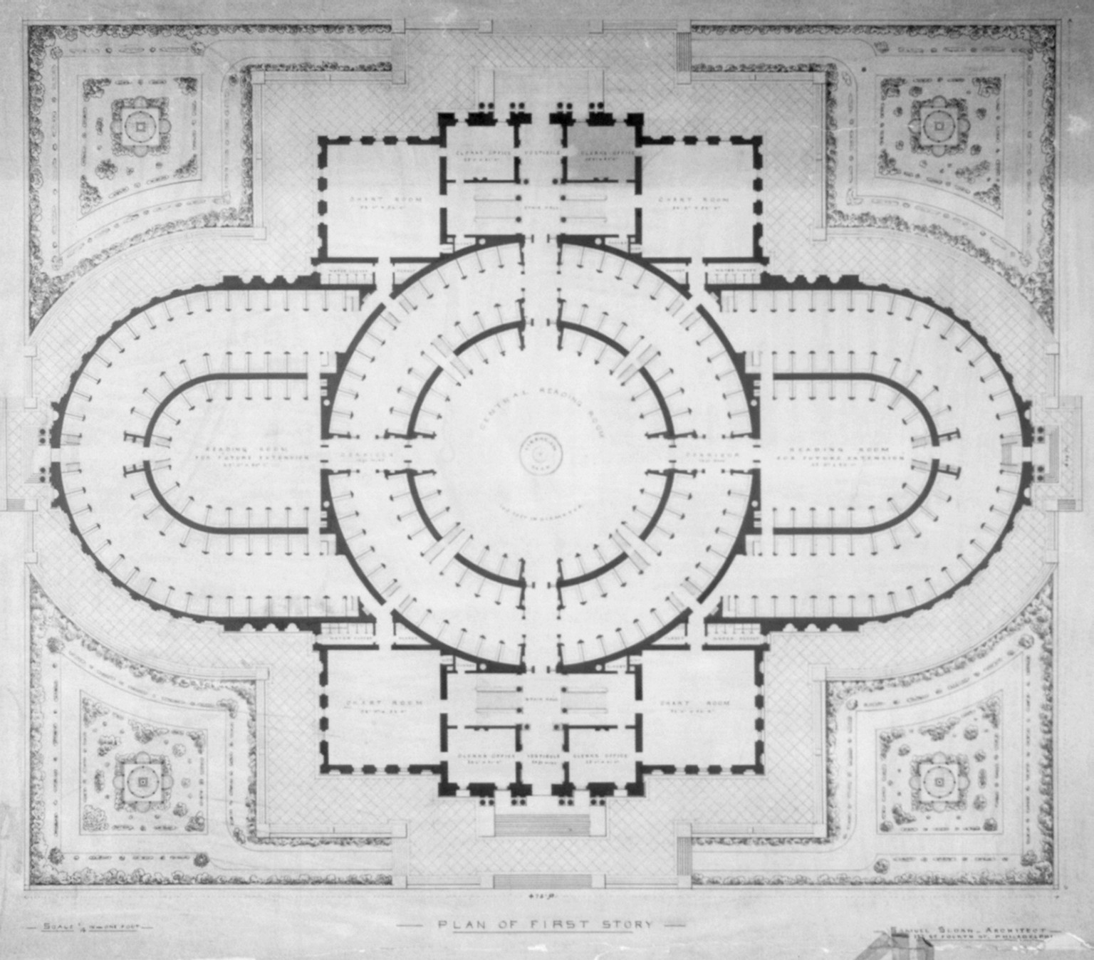 [Library of Congress, Washington, D.C. Plan of first story, site plan], and Engineering (ADE) Drawings" (http://www.loc.gov/rr/print/res/103_ade.html)." — historic drawing